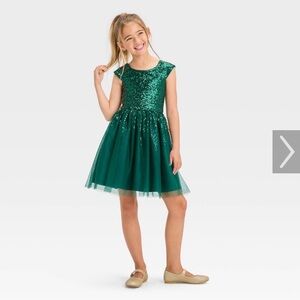 Cat & Jack Girls' Green Sequin Tulle Party Dress